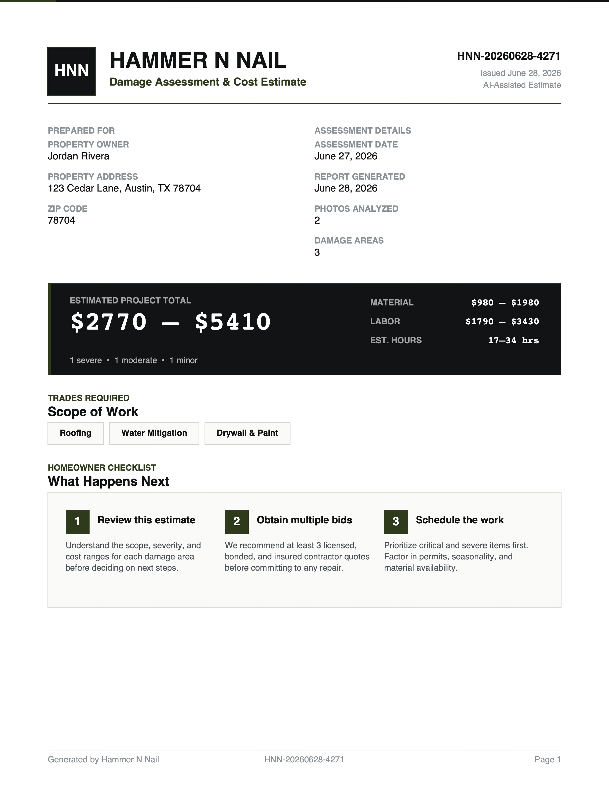 Preview of a home repair quote and evidence pack